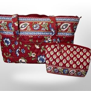 Quilted Red Tote w/ Matching Cosmetic Bag